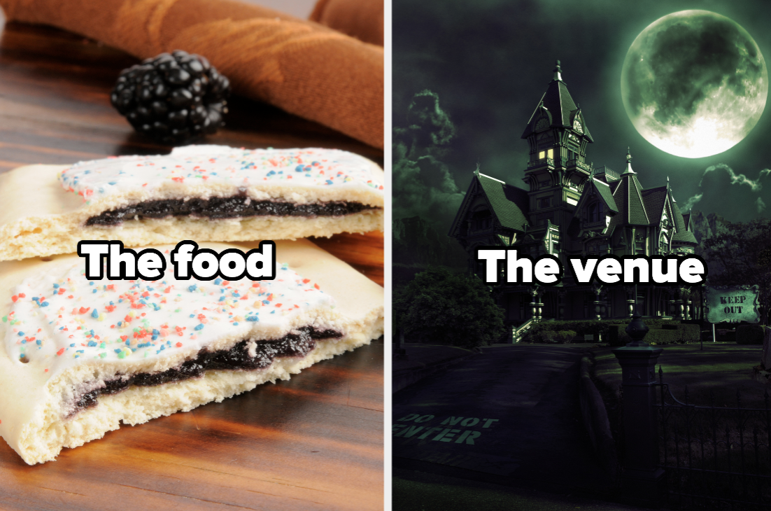 Poptarts with the words &quot;the food&quot; and a haunted house with the words &quot;the venue&quot; 