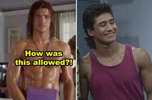 Side-by-side of a shirtless Brendan Fraser in "George of the Jungle" and Mario Lopez in "Saved by the Bell"