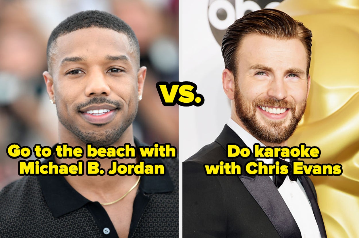 Michael B. Jordan and Chris Evans and the words "Go to the beach with Michael vs. do karaoke with Chris"