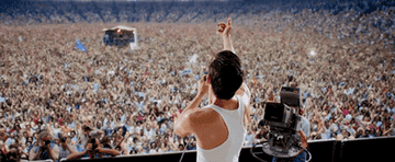 Freddie Mercury performing at Live Aid in the film &quot;Bohemian Rhapsody&quot;