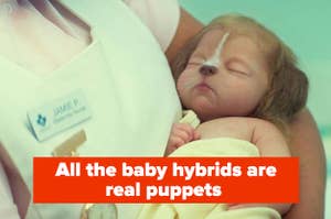 A baby hybrid from Sweet Tooth with the caption "all the baby hybrids are real puppets"