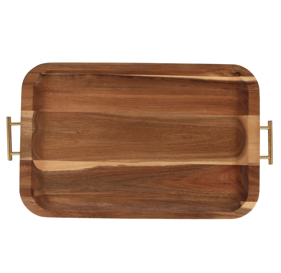The brown acacia wood tray has gold stainless steel handles
