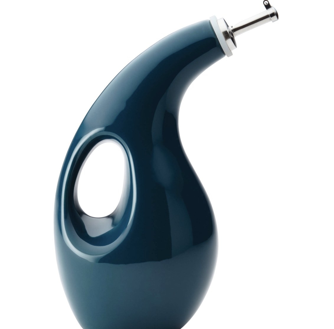 The bottle is marine blue with a large round base, a hollow hole for grip in the middle and a curved thin spout 