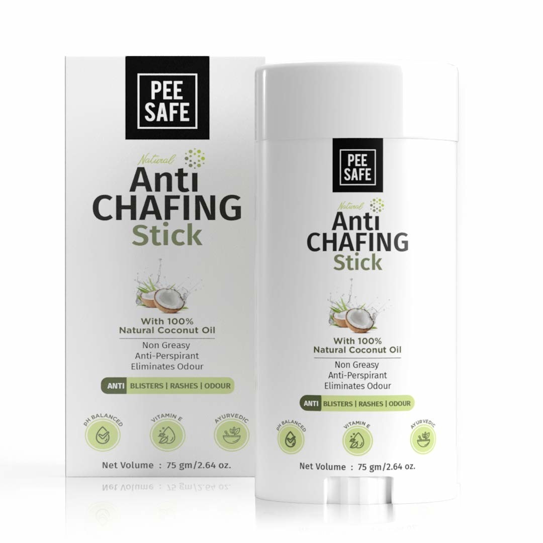 A white roll-on stick of Pee Safe Anti-Chafing Stick. 