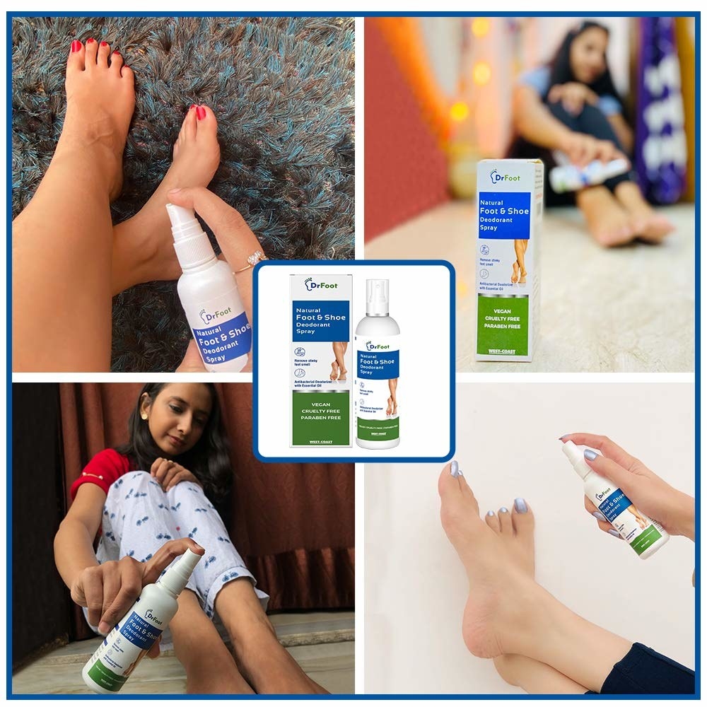 4 images that show people spraying Dr Foot&#x27;s shoe &amp;amp; feet deoderizer on their feet. 