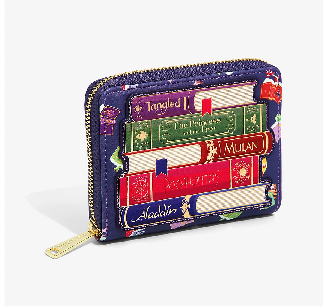 zipper wallet with booked named after aladdin, mulan, pocahontas, tangled, and princess and the frog 