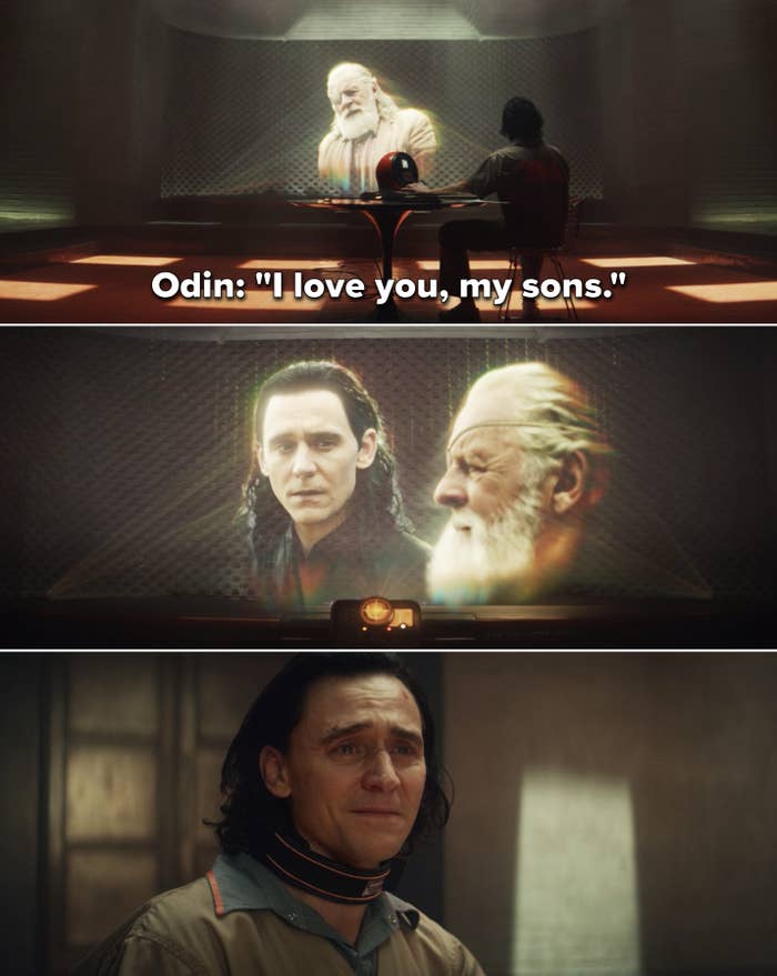 Loki crying while watching a video of Odin saying, &quot;I love you, my sons&quot;