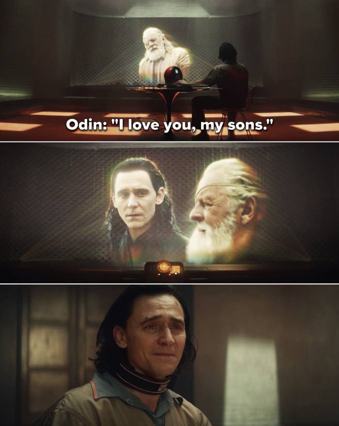 Loki crying while watching a video of Odin saying, "I love you, my sons"