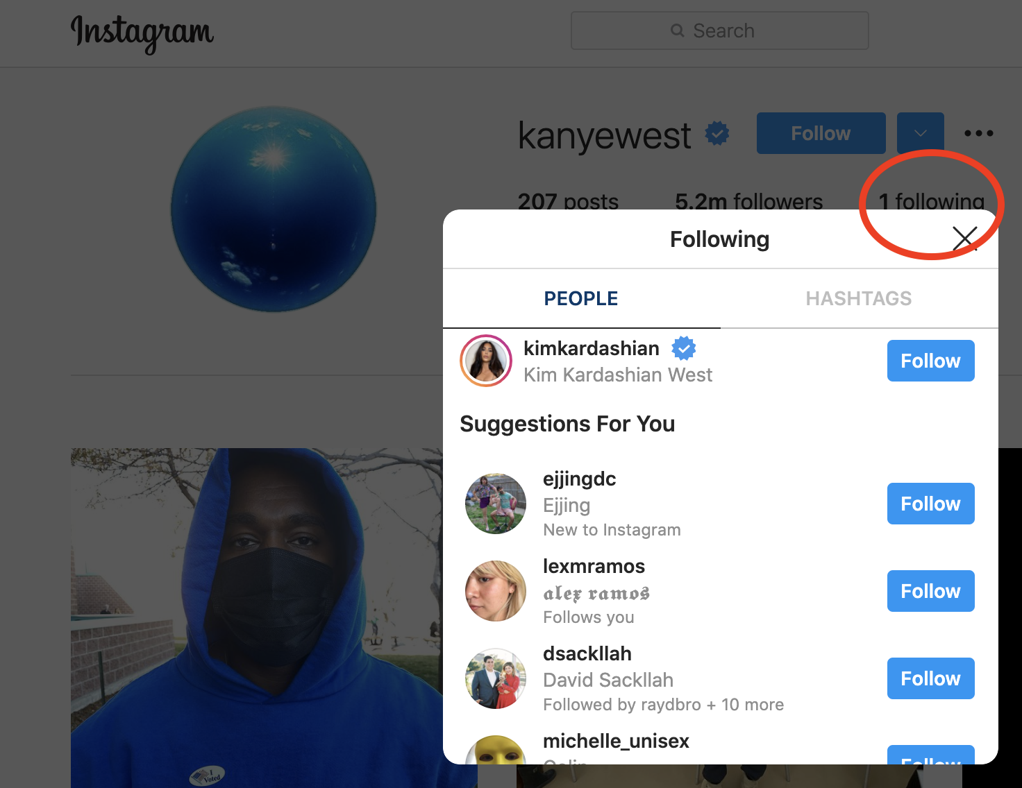 A screenshot of Kanye West&#x27;s Instagram page proving he only follows Kim Kardashian&#x27;s account