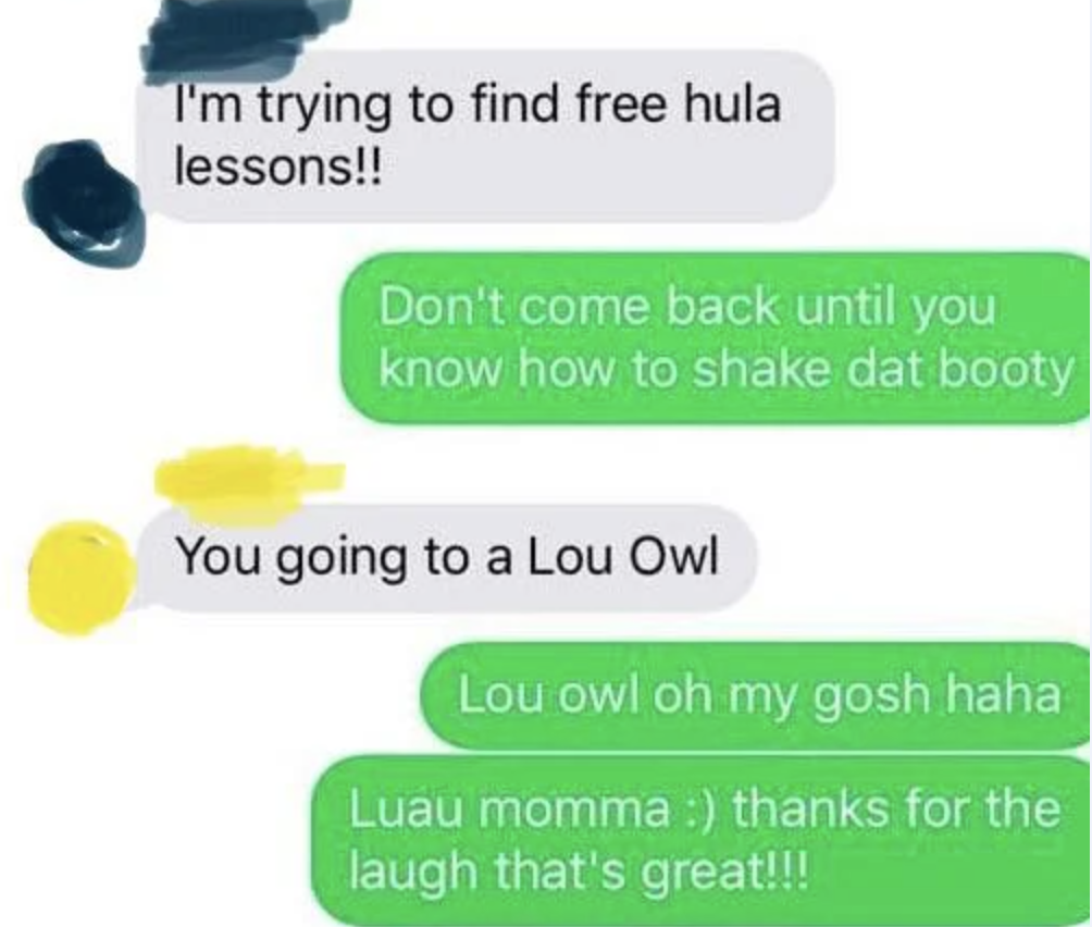 person calling a luau a lou owl
