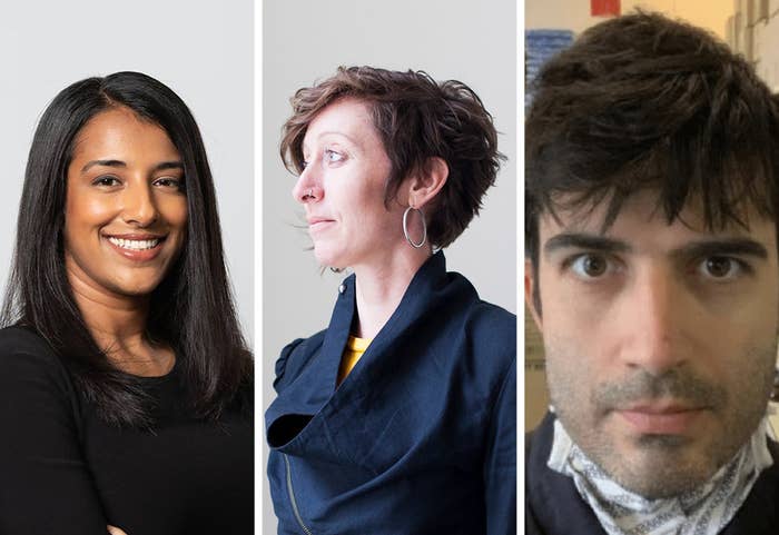 Megha Rajagopalan, Alison Killing, and Christo Buschek smile in three separate headshots