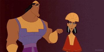 Kuzco in the cartoon backing away from Kronk saying, &quot;No touchy!&quot;