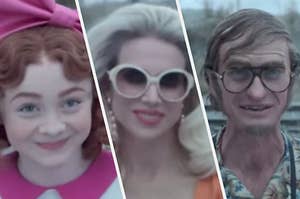 Carmelita wears a giant pink bow in her hair, Esmé wears oversized white sunglasses, and Count Olaf wears round wire rimmed glasses and a fake hair piece.