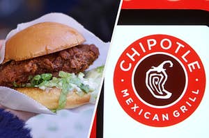 A hand holds a chicken sandwich with lettuce and the logo for Chipotle Mexican Grill.
