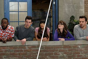 Winston, Schmidt, Cece, Jess, and Nick all lean against the outside balcony of their apartment.