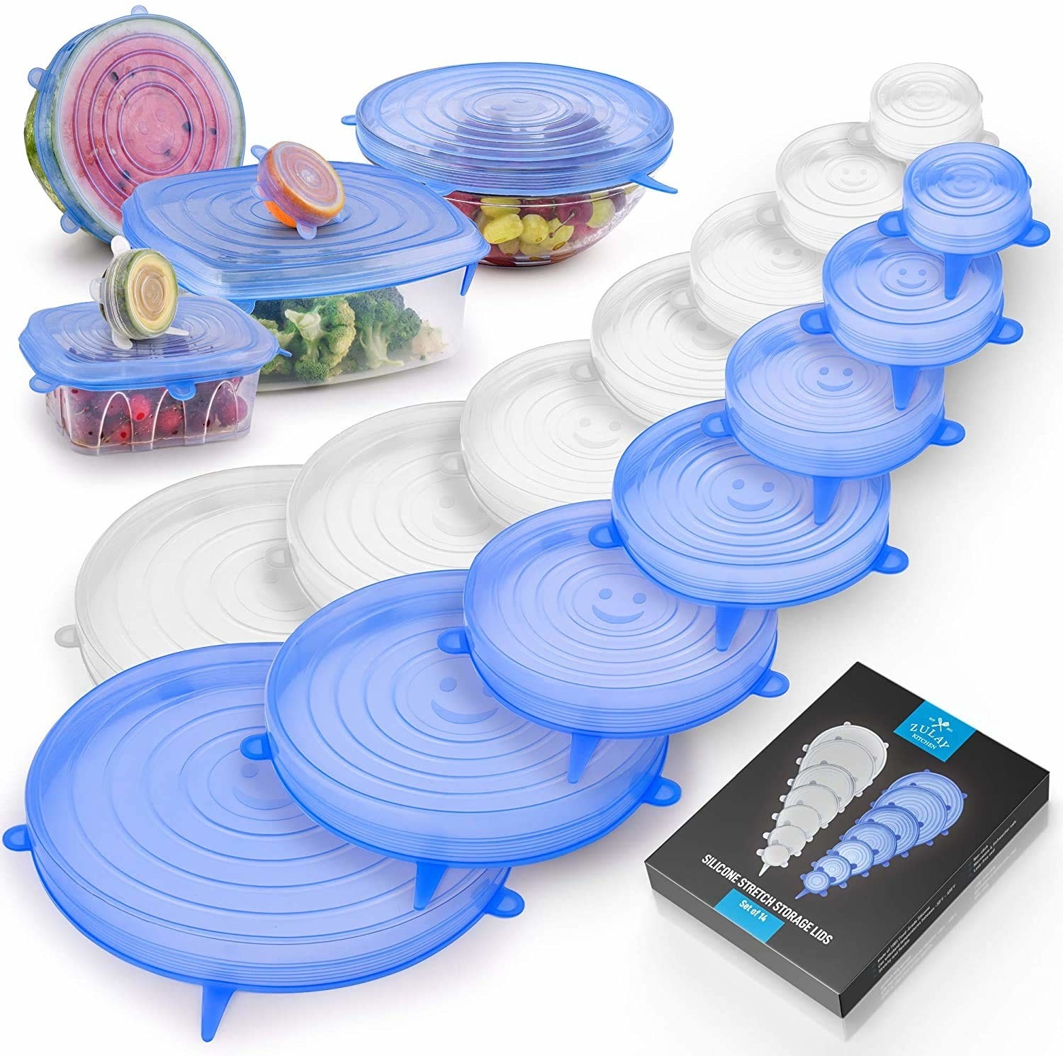 Multiple stretch lid covers in blue laid out, with some covering containers of food.