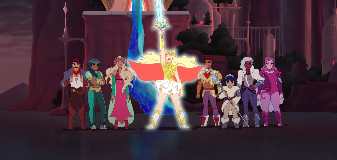 A bunch of people standing in a line, the center one glowing and holding up a sword