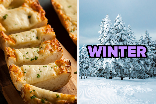 On the left, a loaf of cheesy garlic bread, and on the right, pine trees covered in snow labeled