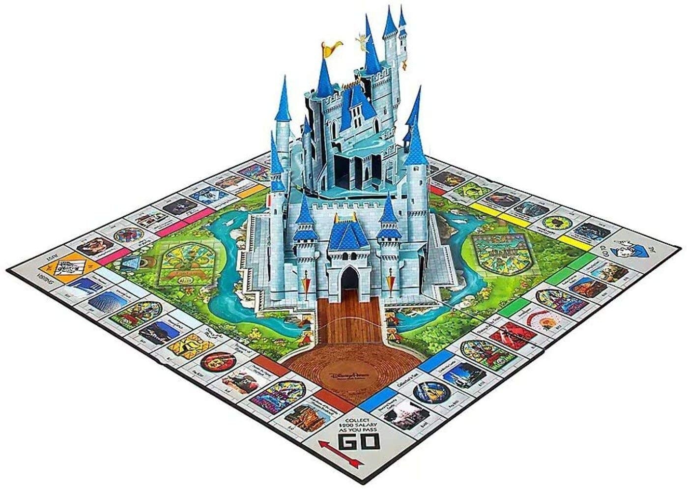 monopoly board with 3d paper castle in the middle 