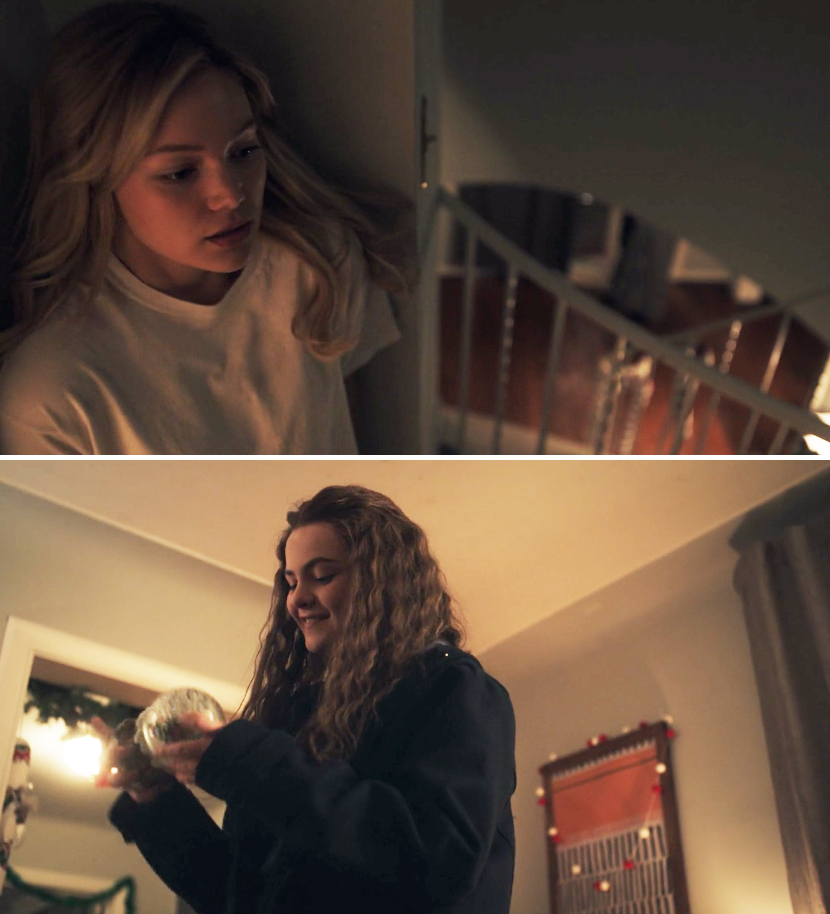 Kate hiding at the top of the stairs and Jeanette playing with a snow globe