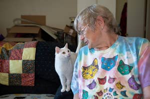 Joan and her cat, Snowball.