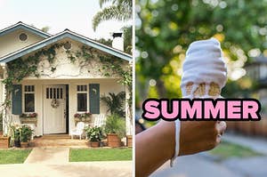 On the left, a charming home with a front porch and exterior covered in vines, and on the right, someone holding a vanilla soft serve cone that's dripping down their hand labeled "summer"