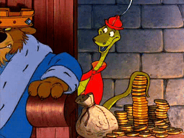 Sir Hiss the snake from Disney&#x27;s &quot;Robin Hood&quot; stacking gold coins with his tail