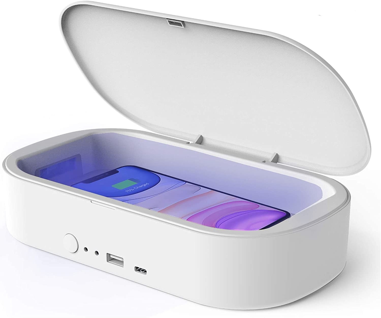 an iPhone sits inside the VCUTECH UV sanitizer and phone charger