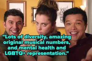 "Lots of diversity, amazing original musical numbers, and mental health and LGBTQ representation" written over "Crazy Ex-Girlfriend"