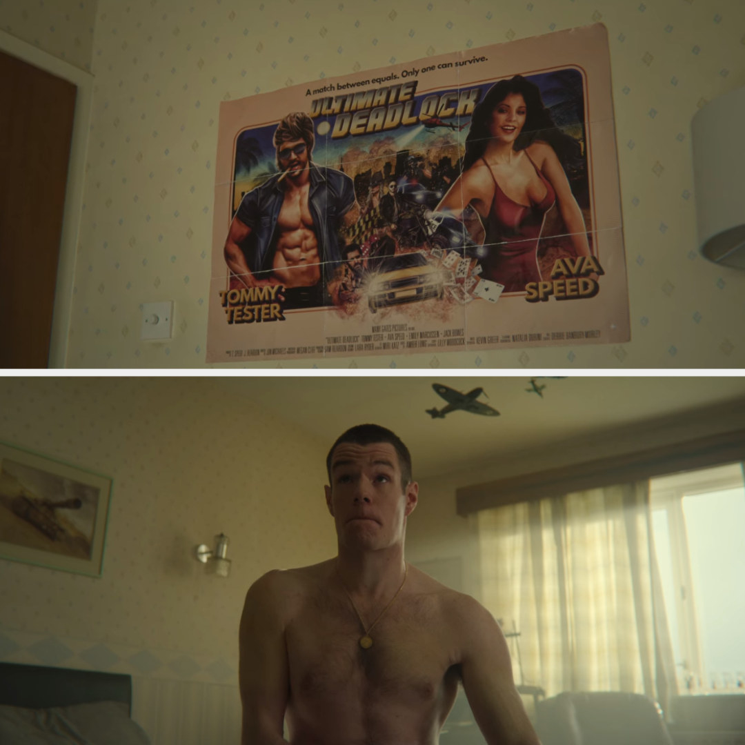 Adam masturbates to a poster of a man and a woman