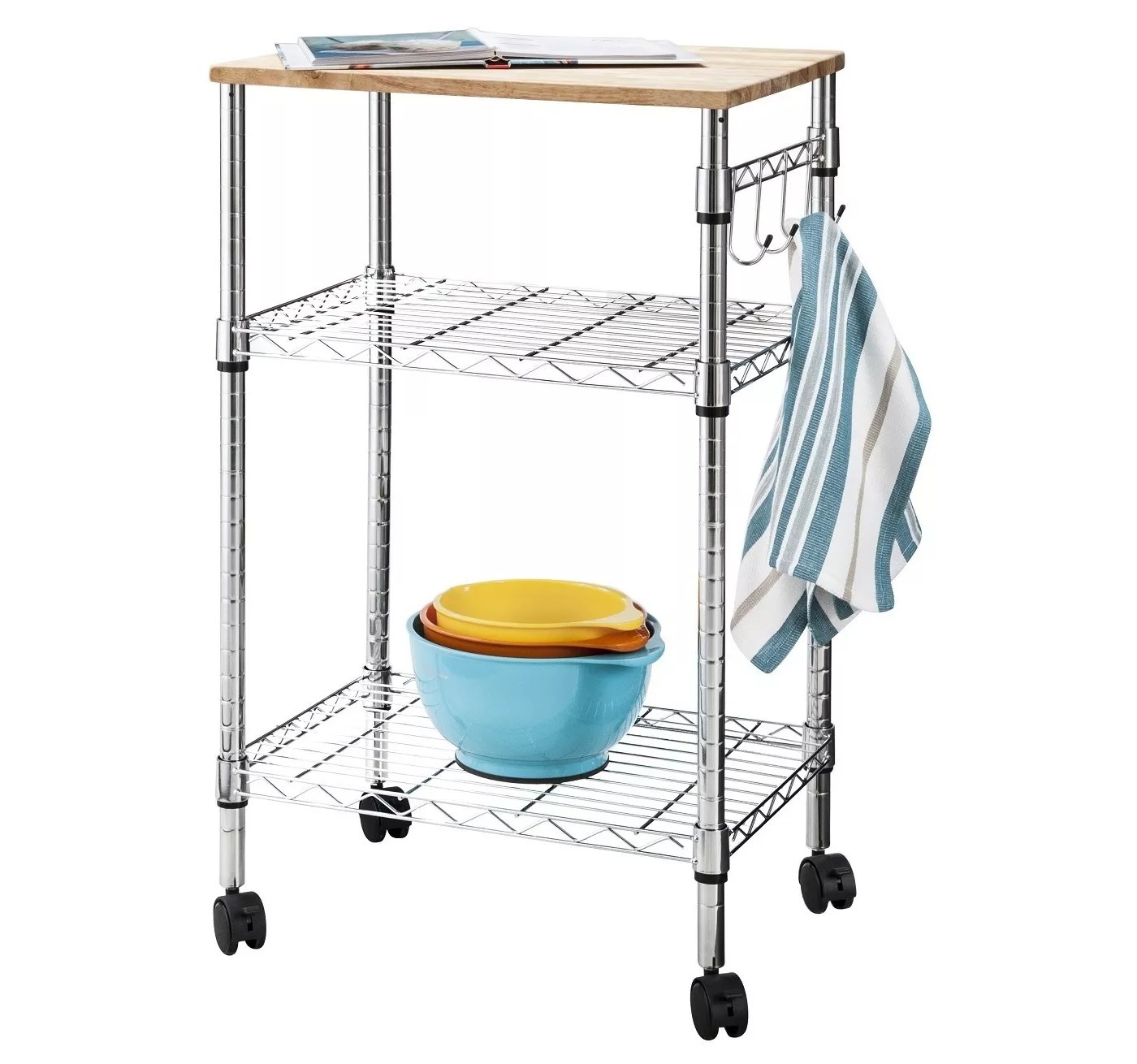 The cart on wheels with two open shelves, a wooden top, and four hooks on the side