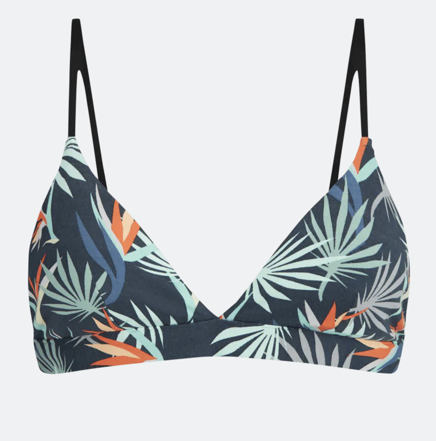 tropical-print bralette with red, green, and blue tones