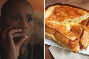 side-by-side image of Issa Rae from "Insecure" smoking weed and an image of a grilled cheese
