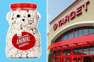 On the left, some White Fudge Animal Cookies, and on the right, the outside of a Target