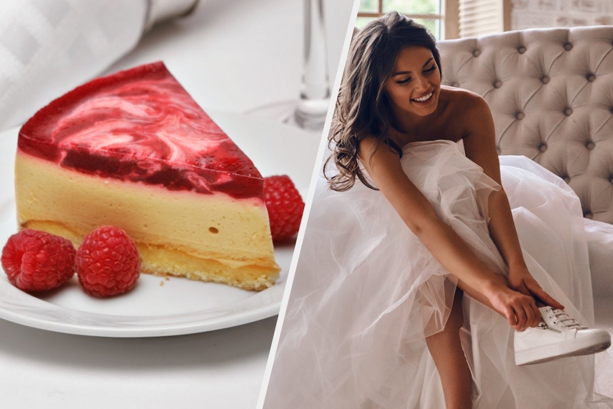 Raspberry cheesecake and bride putting on white sneakers 