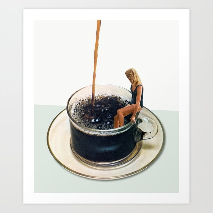 An art print of a person sitting on the edge of a glass mug filled with coffee