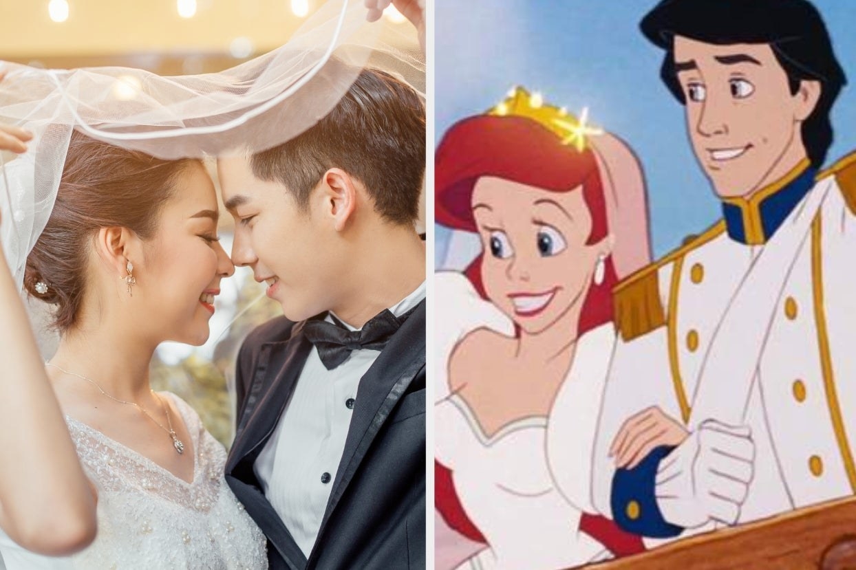 Wedding couple under veil and Ariel and Prince Eric 