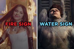 On the left, Olivia Rodrigo surrounded by fire in the "Good 4 U" music video labeled "fire sign," and on the right, Harry Styles floating in water in the "Falling" music video labeled "water sign"