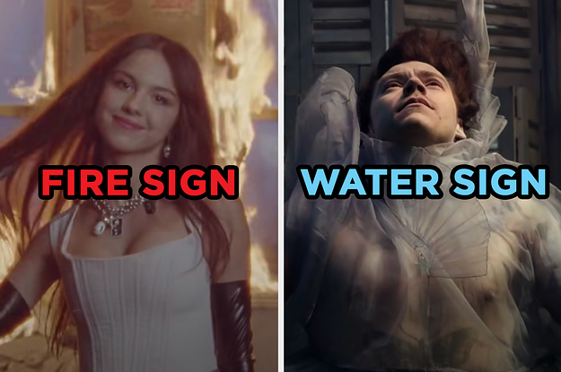On the left, Olivia Rodrigo surrounded by fire in the "Good 4 U" music video labeled "fire sign," and on the right, Harry Styles floating in water in the "Falling" music video labeled "water sign"