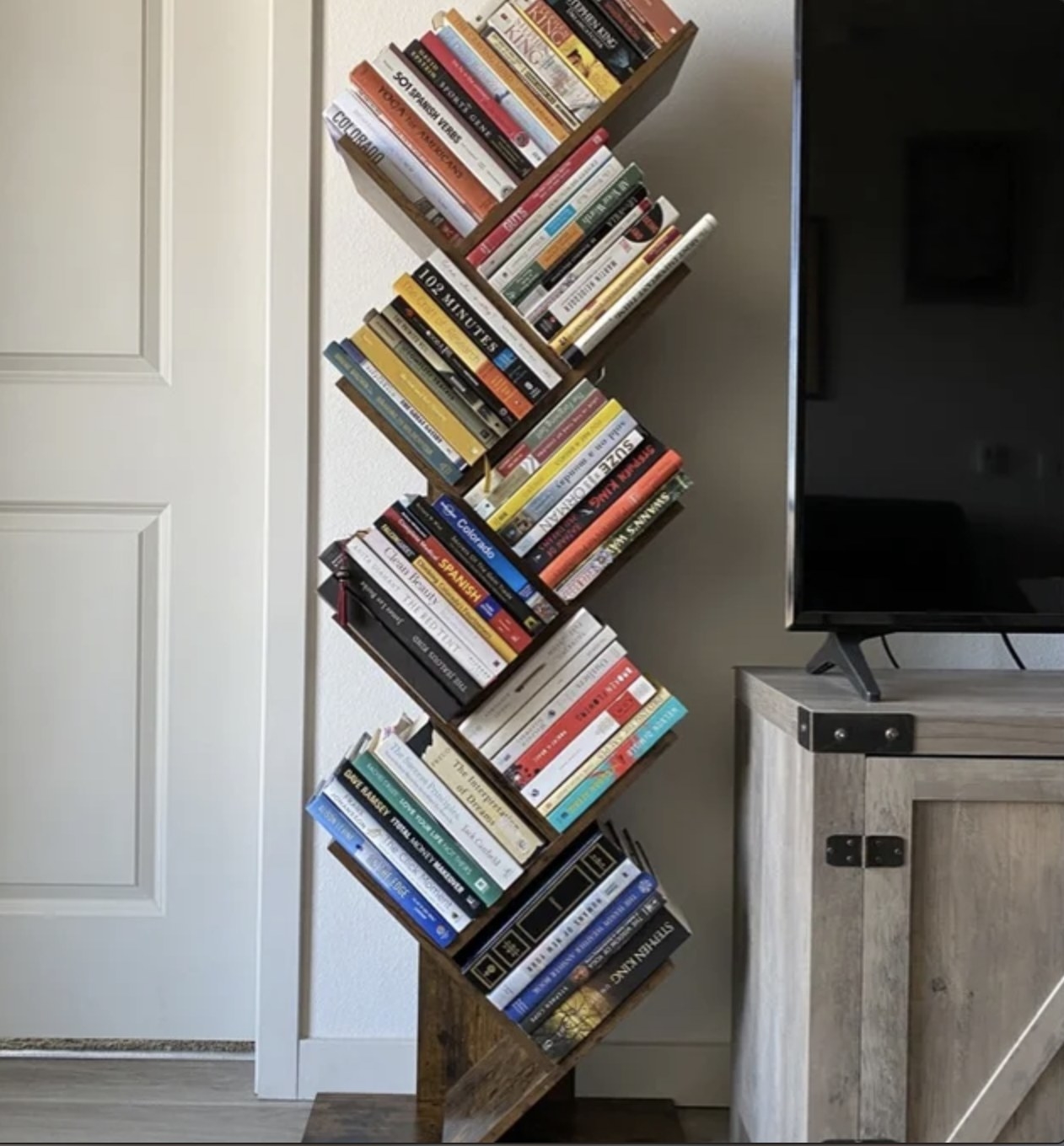 A reviewer&#x27;s geometric bookcases next to a TV