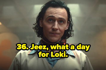 "36 Jeez, what a day for Loki" written over Loki in "Loki" episode 1