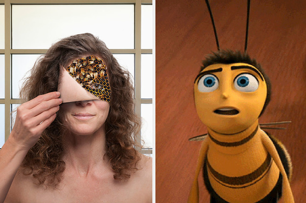 a woman with her face zipped open, showing that's she's a swarm of bees