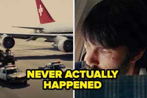 Tony looking out the window to see police chasing the plane in Argo labeled