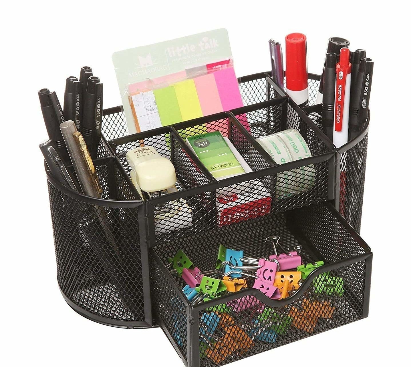 A black metal mesh desk organiser with multiple stationery items in it.
