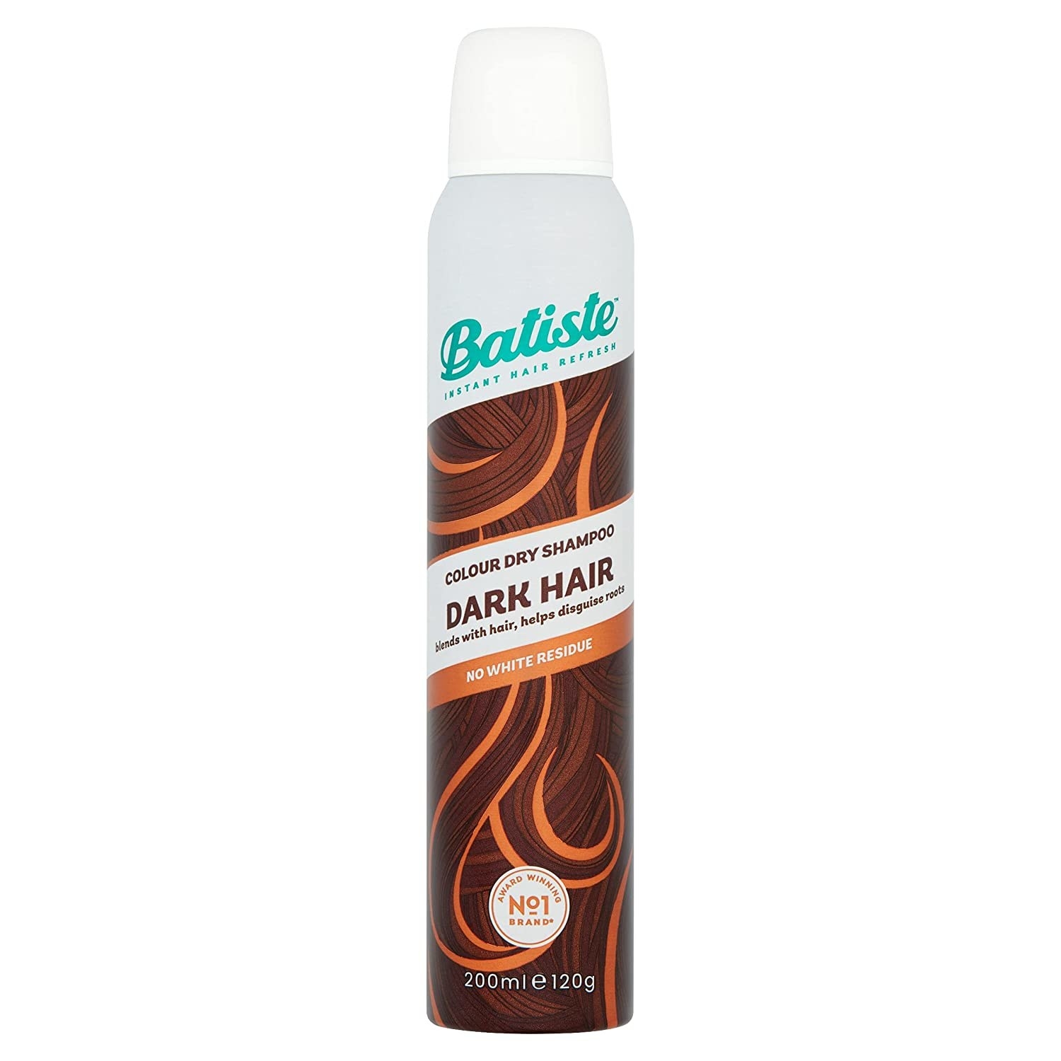 A white and brown spray bottle of Batiste dry shampoo. 