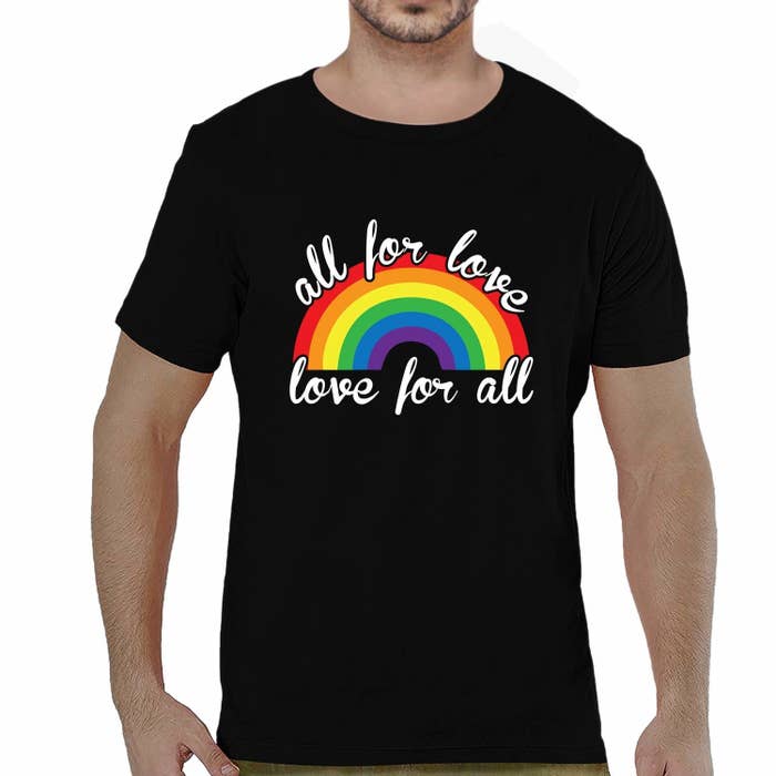 Black t-shirt with rainbow and &#x27;all for love, love for all&#x27; slogan written on it.