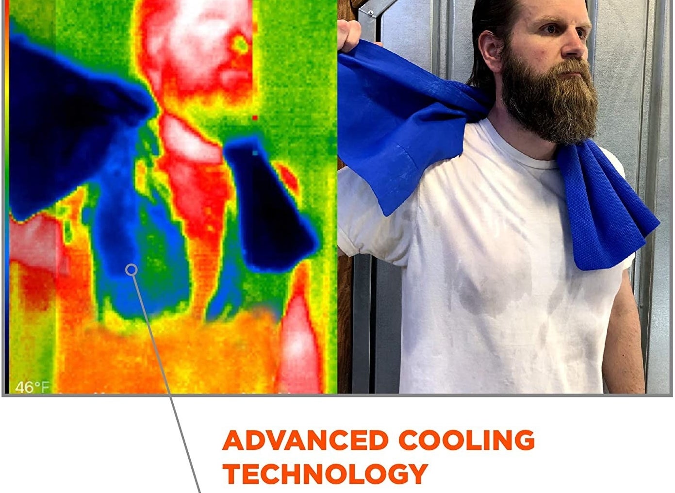 A man holding a blue towel wrapped around his neck and thermal scan of the image shows that the towel is colder than the rest of the surroundings.