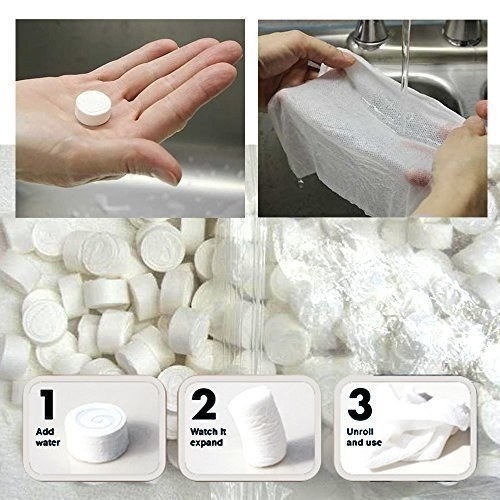 Small rolled pill-shaped cloth balls that expand when put in water. 