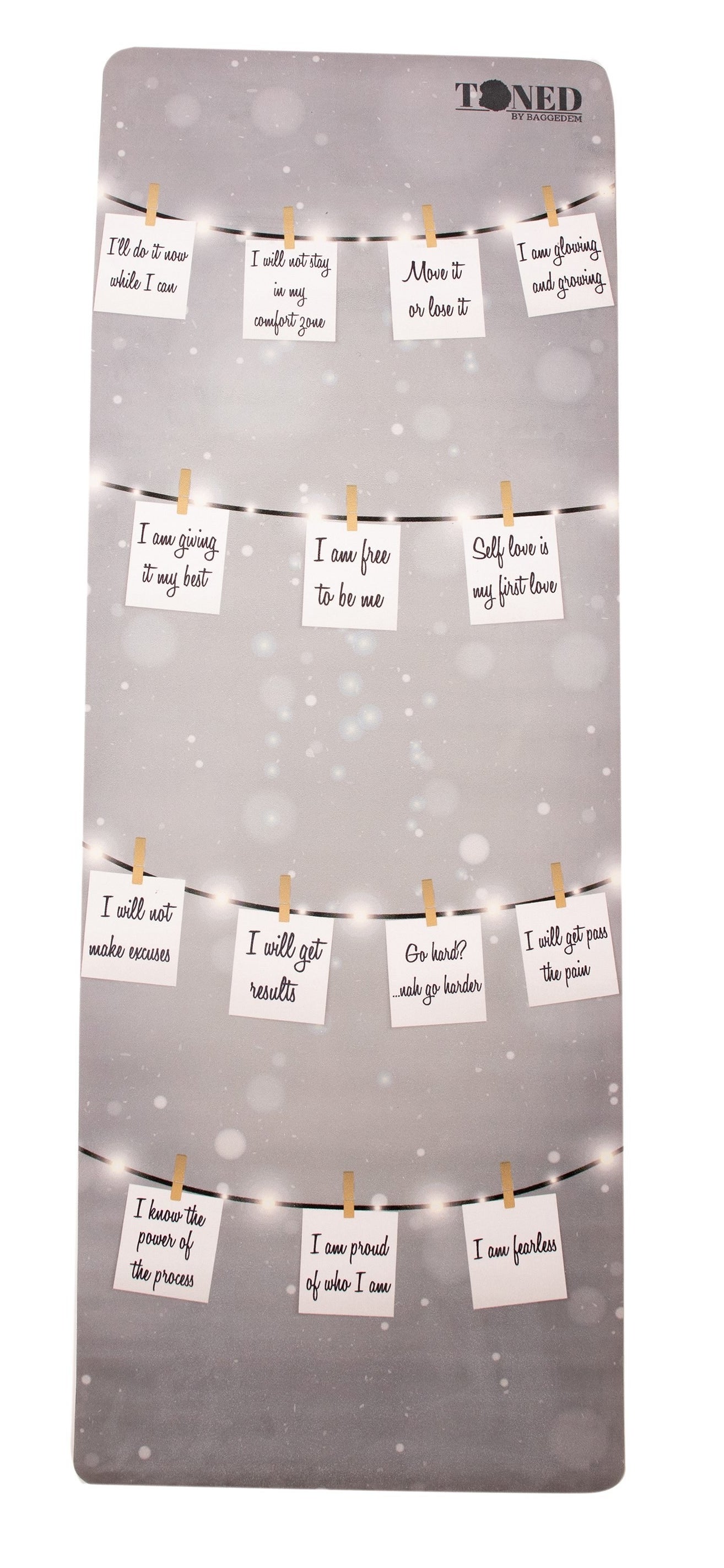 the gray affirmations mat with positive messages illustrated on stick notes on the mat