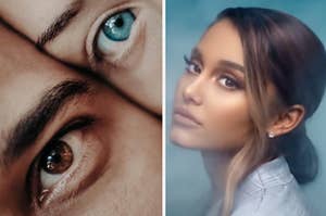 Two people are on the left modeling their eyes with Ariana Grande turned to the side